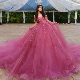 Sweety Off the Shoulder Quinceanera Dresses 3D Flower Lace Applique Sweet 15 Prom Gown Glitter Ball Gown Junior Birthday Photography Dress