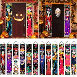 Halloween Hanging Door Curtain Banner Skull Skeleton Porch Sign Picado Papel Mexican Fiesta Sign Couplet Party Decoration T230808
