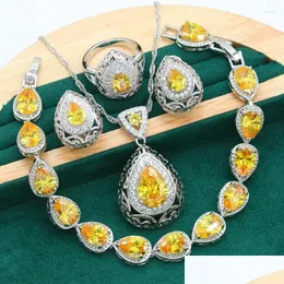 Ohrringe Halskette Luxuriöse Silber Farbe Schmuck Set Für Frauen Geburtstag Party Braut Geschenk Gelb Zirkon Dubai Armband Ringe Dhgarden Dhiwd