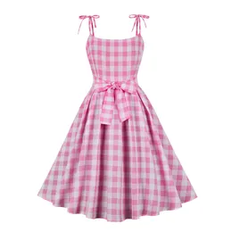 Urban Sexy Dresses Women Vintage Barbiee Pink Plaid Dress Retro Rockabilly Bowtie Suspenders Cocktail Party 1950s 40s Swing Dress Summer Dress 230807