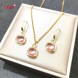 Wedding Jewelry Sets Colorful Clear Small Square Glass Pendant Necklace For Women Stainless Steel Chain Fashion Earrings Accessories Set Gift 230808