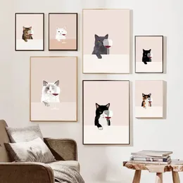 Pintura en lienzo de animales divertidos, gatos blancos y negros, carteles de vino tinto e impresiones, arte de pared, imágenes impresas para amantes de los gatos, sala de estar, decoración del hogar Wo6