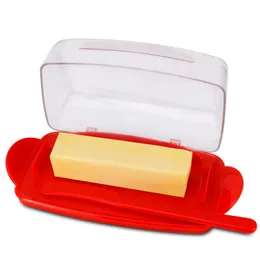 Prato de manteiga com tampa de bancada, recipiente de manteiga de plástico durável com faca espalhadora, alça bonita e design de tampa articulada para fácil acesso, fundo antiderrapante vermelho