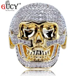 Wedding Rings GUCY Hip Hop Skeleton Bling Ring Gold Color Bicolor Plated All Iced Out Micro Pave AAA CZ Stones Skeleton Head Ring For Men 230808