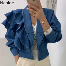 Jaquetas Femininas Neploe Outono 2023 Roupas Femininas Cropped Denim Jaqueta Vintage Turn-down Gola Manga Puff Babados Crop Tops Casaco Jean Coreano J230808