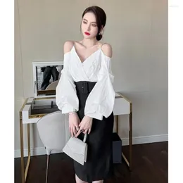 Robes décontractées blanc luxe femmes élégante robe noire claquant Patchwork lanterne manches sangle mince fête printemps été 2023