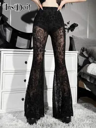 Kobiety S Pants S INSDOIT GOTHIC Black Summer Flare Women Lolita Streetwear Postrzegaj seksowne wysokiej pasa estetyczne punkowe spodni 230808