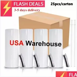 Mugs Local Warehouse Sublimation Tumblers 20 Oz Stainless Steel Straight Blank White Tumbler With Lid And St For Heat Transfer Diy G Dha8Z