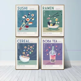 캔버스 그림 일본 음식 벽 ​​예술 인쇄 재미있는라면 초밥 포스터 보바 티 곡물 인쇄 부엌 식당 홈 장식 WO6을위한 그림 아트