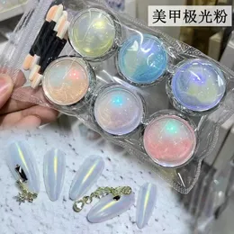 네일 반짝이 6box Aurora Shimmer Transparent Dipping Powder Laser Mirror Mermaid 효과 크롬 안료 먼지 매니큐어 장식 230808