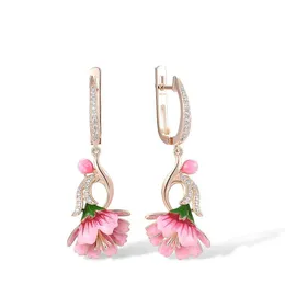 Hoop Huggie Luxury Rose Gold Pink Flower Drop Earrings for Women 925 Silver Long Pendant Earring Handmade Enamel Jewelry 230807