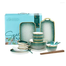 Conjunto de louças conjunto de porcelana verde banhado a ouro talheres de cerâmica tigela fácil de lavar sob prato esmaltado colher