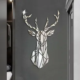 Wall Stickers 3D Mirror Wall Stickers Nordic Style Acrylic Deer Head Mirror Sticker Decal Removable Mural for DIY Home Living Room Wall Decors 230807