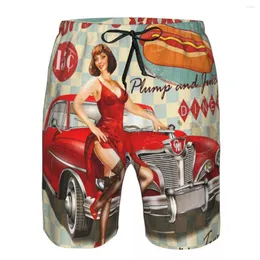 Shorts masculinos praia shorts swimsuit vintage pôster de cachorro com pin up girl e carro retrô surfe esporte prancha roupa de banho