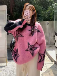 Kadın Sweaters Deeptown Vintage Pembe Kazak Kadınlar Harajuku Hip Hop Yıldız Büyük Boyutlu Jumper Tembel Stil Sıradan Maçlı Kazak Y2K TOPS KORE 230807