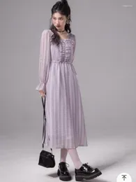 Casual Dresses Deeptown Vintage Purple Long Plaid Dress Women Korean Style Ruffle One Piece Flare Sleeve Tunic Soe Up Vestidos