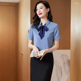 Kvinnors blusar kontor vit blus för kvinnor 2023 sommar mode halv ärm skjorta lady hög kvalitet satin casual bågband överdimensionerade toppar