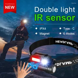 Headlamps 6 Mode Mini IR Sensor LED Headlamp With Side Magnet Headlight USB Rechargeable Waterproof 18650 Head Torch For Camping Fishing