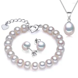 Halsband örhängen set som säljer vit silver pärla för kvinnor hög kvalitet 8-9mm äkta 3 färger