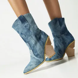 Jeansowy 564 Mody Western Autumn Womens Winkingi wysokie obcasowe buty poślizgowe na zimowych pluszach buty duże rozmiar 42 43 230807
