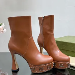 Ankle Boots Designer Women Shoes 14cm Heid Heels Platform Hardware Martin Boots Quality Cowskin Zipper丸いオートバイ戦闘ブーツ35-42