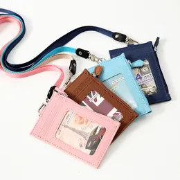 Fashion PU Leather Student Bus Card Bags Holder with Hanging Rope Business Credit Card ID Badge Holder Cover Wallet Money Pouch