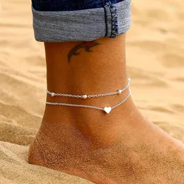 Anklets vagzeb kvinnlig enkel silverfärg hjärta barfota virkning sandaler fot smycken två lager armband för kvinnor