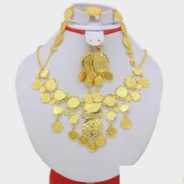 Earrings Necklace Set Arab Coin Jewelry Women Gold Color Necklace/Earrig/Bracelet Muslim Drop Delivery Sets Dhgarden Dhqbo