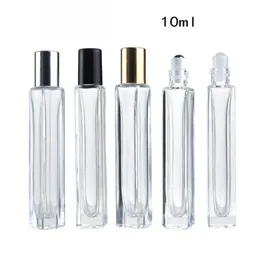 2023 nova caneta vazia 10ml quadrado de vidro transparente rolo em garrafa com tampa de ouro bola de rolo de aço inoxidável para óleo essencial perfume jl1846