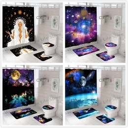Toothbrush Holders Waterproof Shower Curtain Sets with Rugs Moonlight Sea Scenery Bath Rug and Mats With 12 Hooks Toilet Seat Cover Bathroom Decor 230809