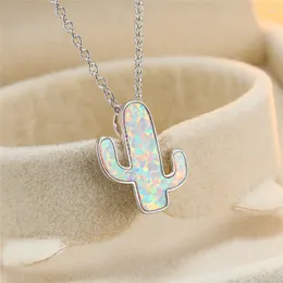 Pendant Necklaces Dainty Female Blue Opal Necklace Charm Silver Color Plant Chain For Women Cool Bridal Cactus Wedding