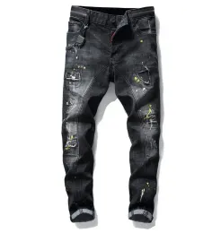 Jeans Masculino Slim Fit Tamanho Grande Estilo Paint Hole Destroyed Skinny Perna Reta Lavado Luxo Casual Calças Denim Regulares CXG8099