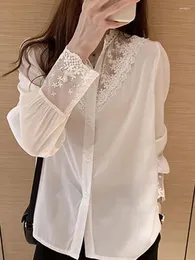 Camicette da donna Camicie patchwork in pizzo Camicetta elegante in chiffon da donna Camicie estive a maniche lunghe larghe con bottoni Casual Office Lady Moda coreana