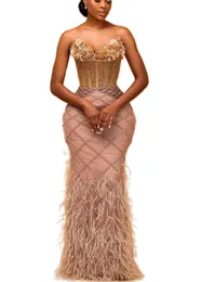 Aso Ebi Champagne Mermaid Prom Dress Beaded Feather Evening Feather Feather Feather Party Second Party Second Reception Engagement Gowns 드레스 Robe de Soiree ZJ777 407