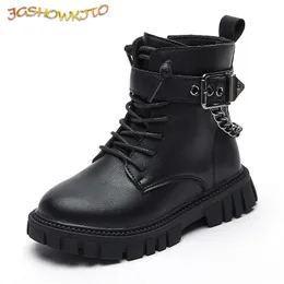 Sneakers Children Boots Softsoled Girls Autumn and Winter Warm British Style Boys Leather Student Metal Chain 230809