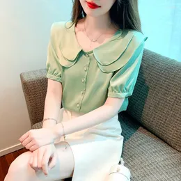 Kvinnor Bluses Office Lady Blusa Summer Short Sleeve Blus Sweet Solid Color Slim Shirt For Women