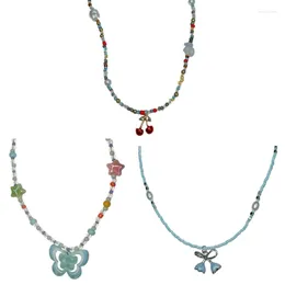 Pendant Necklaces Colorful Beaded Necklace Women Unique Cherry Butterfly Orchids Flower Clavicle Chain Jewelry HXBA