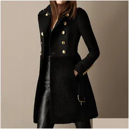 Kvinnors ull blandar kvinnor Autumn Winter Long Jacket Black Black Double Breasted Belt Slim Fleece Plus Size Ladies Trench Coats DH0oz