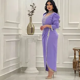 Purple Arabic Evening Gowns for Women Beads Long Sleeves Prom Dress Mermaid Fas Kaftan Engagement Dresses