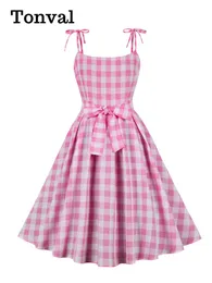 Urban Sexy Dresses Tonval Knot Strap Pink and White Plaid Women Dress Summer Elegant Evening Pinup Vintage Party Pleated Dresses 230809