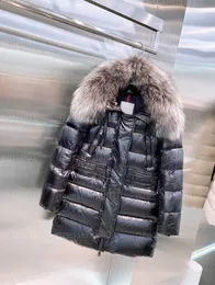 Monclears 재킷 여자 디자이너 다운 코트 겨울 파카 대형 푹신한 모피 칼라 지퍼 후드 미드 길이 코트 여성 복어 몬클어 재킷