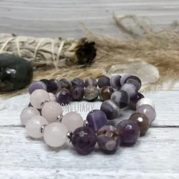 Strand WMB31617 Matte Rose Quartz Amethyst Healing Crystal Prayer Beaded Spiritual Bracelet Silver Plated