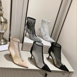 Botas femininas de inverno de excelente qualidade salto alto marcas de luxo bing rosa preto camurça malha botas de tornozelo enfeite de cristal senhora dedo do pé pontudo sapatos de casamento