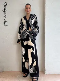 여자의 양복 블레이저 디지털 인쇄 2 조각 세트 세련된 옷깃 긴 슬리브 탑 느슨한 스트레이트 다리 바지 정장 2023 패션 레이디 하이 스트리트웨어 230809