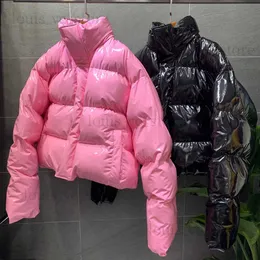 Winter Women Bright PU Pink Puffer Jacket Thick Bubble Coat Zipper Glossy Leather Down Parka Outerwear Stand Collar Loose Jacket T230809