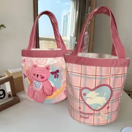 Kvällspåsar söt rosa björn canvas tygväska spänne stängning tecknad tryck hög kapacitet bärbar handtag flickor lunch väska lonchera bolso mujer 230809