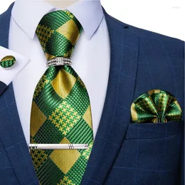 Bow Ties Green Gold Plaid 8cm Neck Tie With Silver Clips Ring Wedding Party Pocket Square Cufflinks Men Accessories Gravata