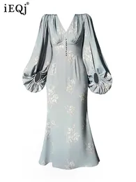 Urban Seksowne sukienki IEQJ Eleganckie sukienki dla kobiet Summer V-Neck Długie rękaw Slim Mermaid Midi Sukienka Fmeale Ubranie 3W3745 230808