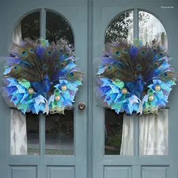 Coroa de flores decorativas de penas de pavão para porta da frente sino dourado interior parede exterior janela festa decoração de casa
