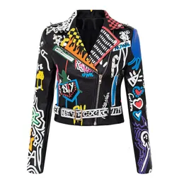 Jaquetas femininas primavera e outono punk cintura alta jaqueta de couro falso graffiti cravejado rebite moda streetwear casaco curto para motocicleta 230808